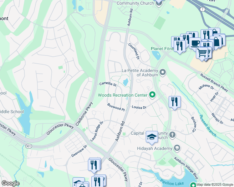 map of restaurants, bars, coffee shops, grocery stores, and more near 20222 Millstead Drive in Ashburn