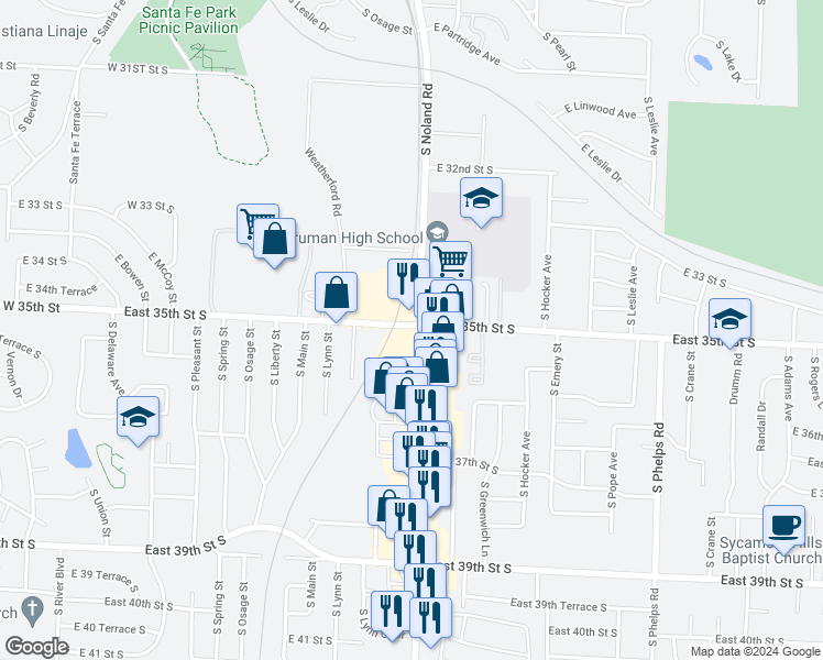 map of restaurants, bars, coffee shops, grocery stores, and more near 3501 South Noland Road in Independence