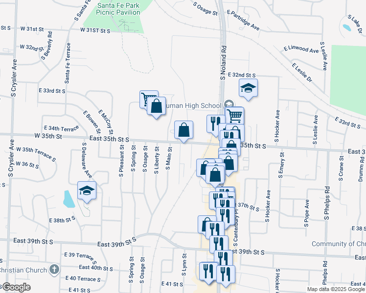 map of restaurants, bars, coffee shops, grocery stores, and more near 13801 East 35th Street Court South in Independence