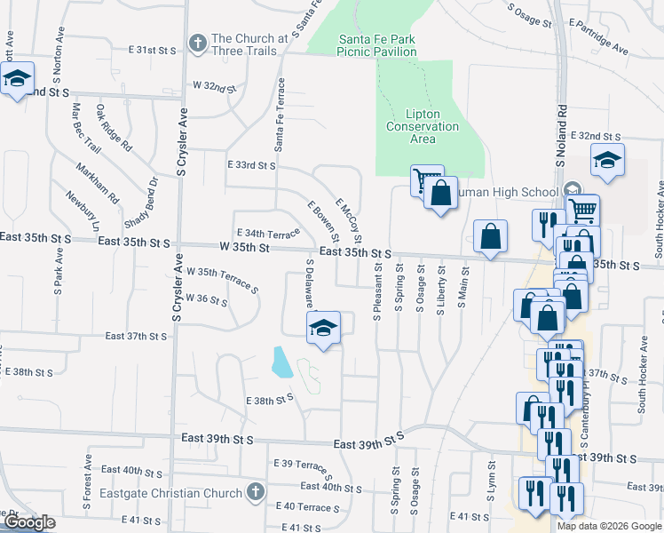 map of restaurants, bars, coffee shops, grocery stores, and more near 3509 South Delaware Avenue in Independence