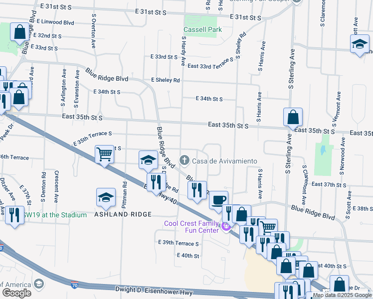 map of restaurants, bars, coffee shops, grocery stores, and more near 10333 East 36th Street South in Independence