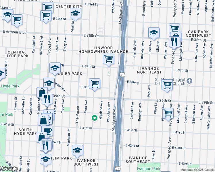 map of restaurants, bars, coffee shops, grocery stores, and more near 3762 Woodland Avenue in Kansas City