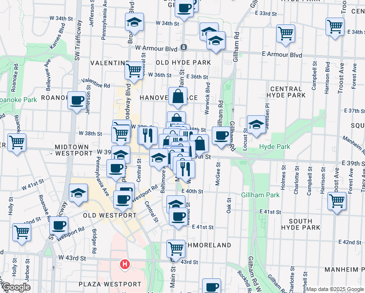 map of restaurants, bars, coffee shops, grocery stores, and more near in Kansas City