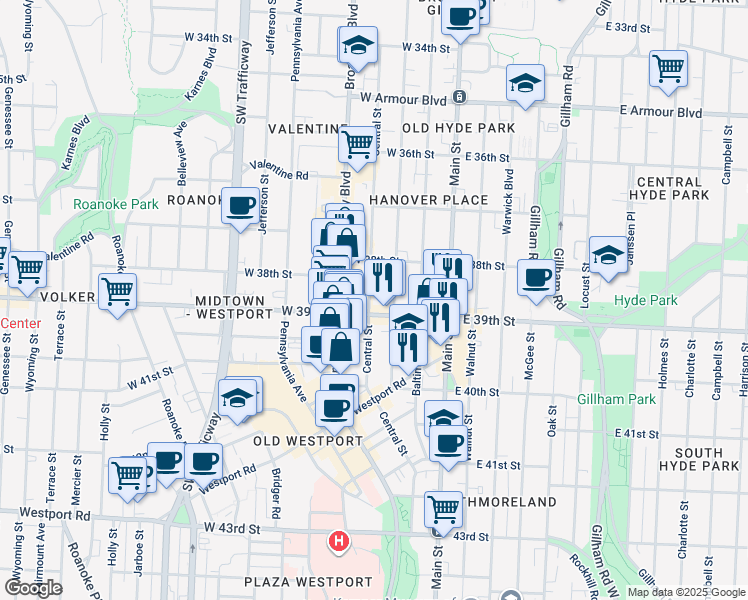 map of restaurants, bars, coffee shops, grocery stores, and more near 3845 Broadway Boulevard in Kansas City