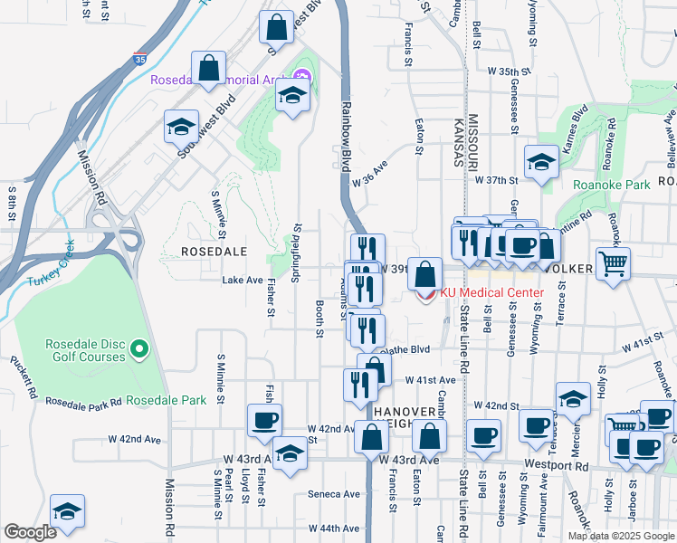 map of restaurants, bars, coffee shops, grocery stores, and more near 3901 Booth Street in Kansas City