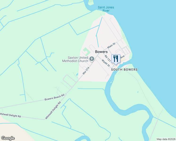 map of restaurants, bars, coffee shops, grocery stores, and more near 3160 Main Street in Frederica