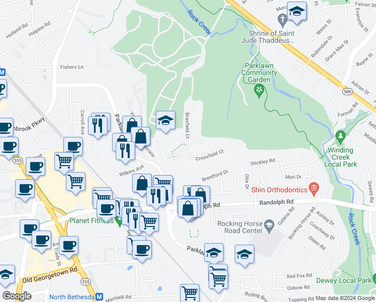 map of restaurants, bars, coffee shops, grocery stores, and more near 12405 Braxfield Court in Rockville