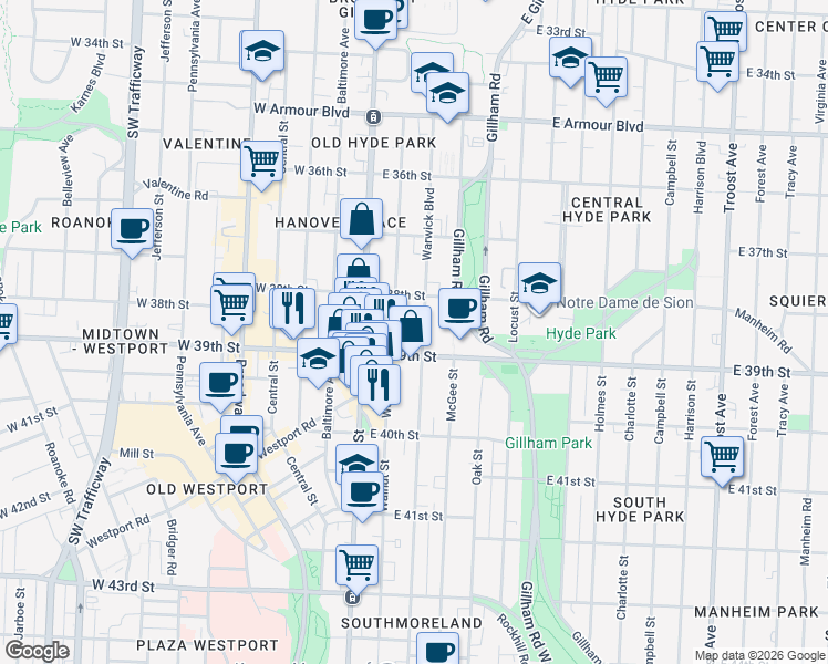 map of restaurants, bars, coffee shops, grocery stores, and more near 3830 Warwick Boulevard in Kansas City