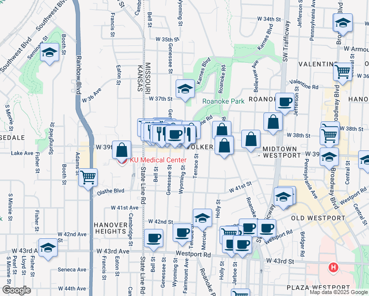map of restaurants, bars, coffee shops, grocery stores, and more near Wyoming St & W 39th St in Kansas City