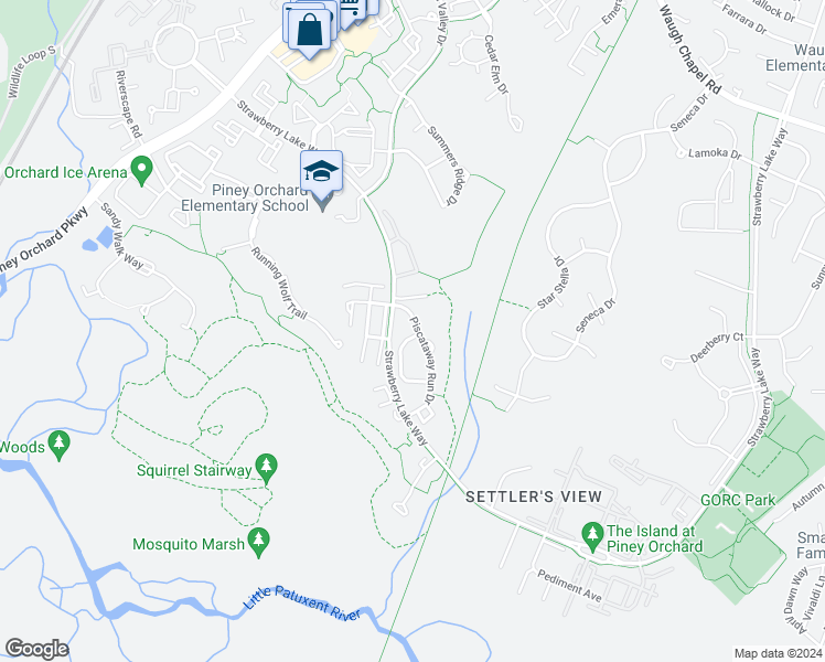 map of restaurants, bars, coffee shops, grocery stores, and more near 2716 Piscataway Run Drive in Odenton
