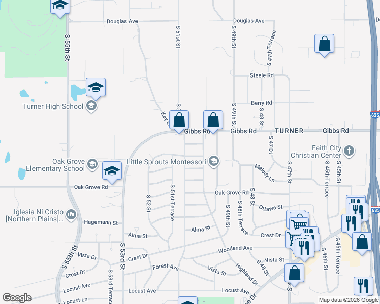 map of restaurants, bars, coffee shops, grocery stores, and more near 5031 Matney Avenue in Kansas City