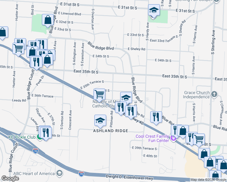 map of restaurants, bars, coffee shops, grocery stores, and more near 10001 East 36th Street South in Independence