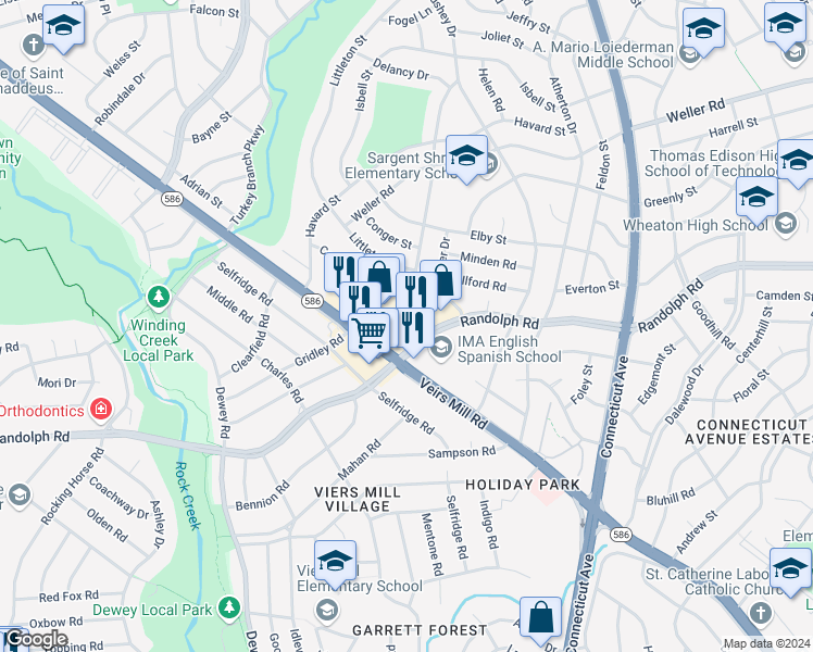 map of restaurants, bars, coffee shops, grocery stores, and more near 12207 Veirs Mill Road in Silver Spring