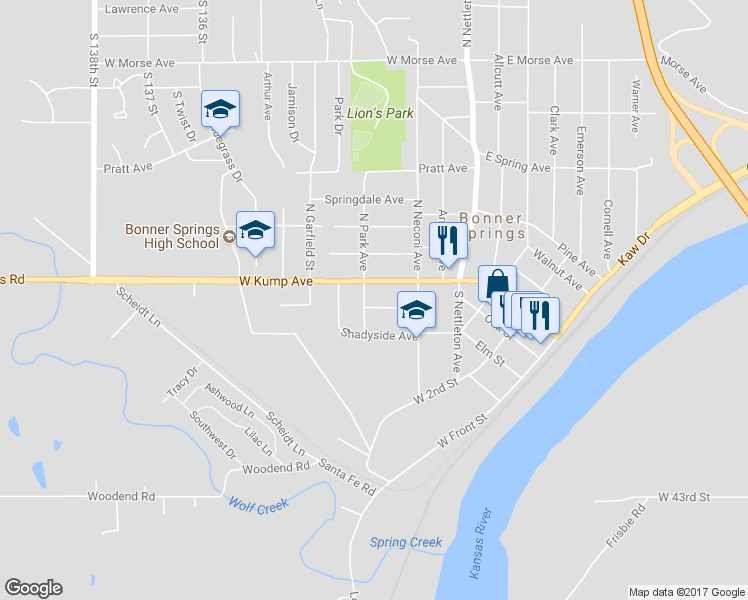 map of restaurants, bars, coffee shops, grocery stores, and more near 241 Coronado Avenue in Bonner Springs
