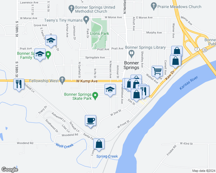 map of restaurants, bars, coffee shops, grocery stores, and more near 207 Coronado Avenue in Bonner Springs