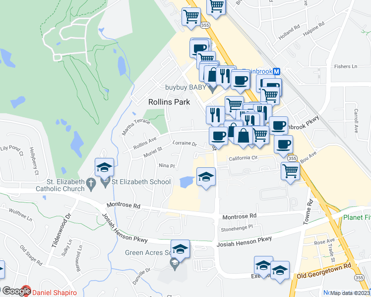 map of restaurants, bars, coffee shops, grocery stores, and more near 1702 Lorre Drive in Rockville