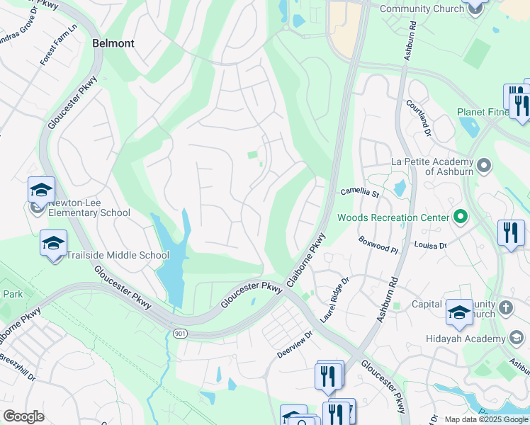 map of restaurants, bars, coffee shops, grocery stores, and more near 20210 Hidden Creek Court in Ashburn