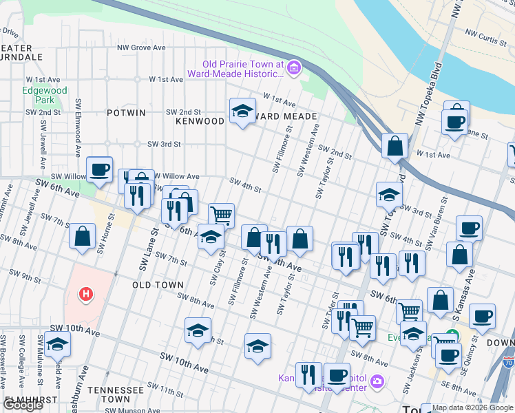 map of restaurants, bars, coffee shops, grocery stores, and more near 422 Southwest Fillmore Street in Topeka