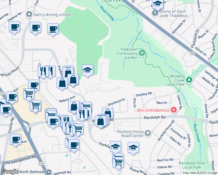 map of restaurants, bars, coffee shops, grocery stores, and more near 5111 Crossfield Court in Rockville