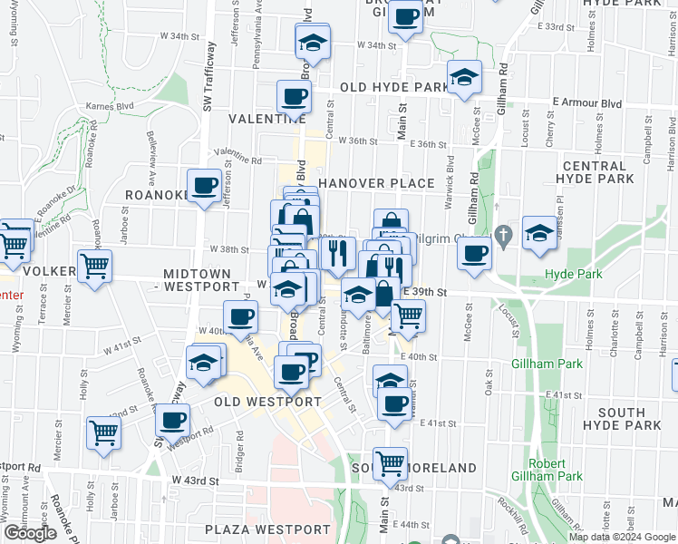map of restaurants, bars, coffee shops, grocery stores, and more near 3834 Wyandotte Street in Kansas City