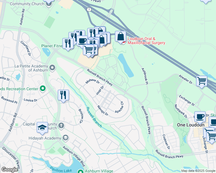 map of restaurants, bars, coffee shops, grocery stores, and more near 20194 Incas Terrace in Ashburn