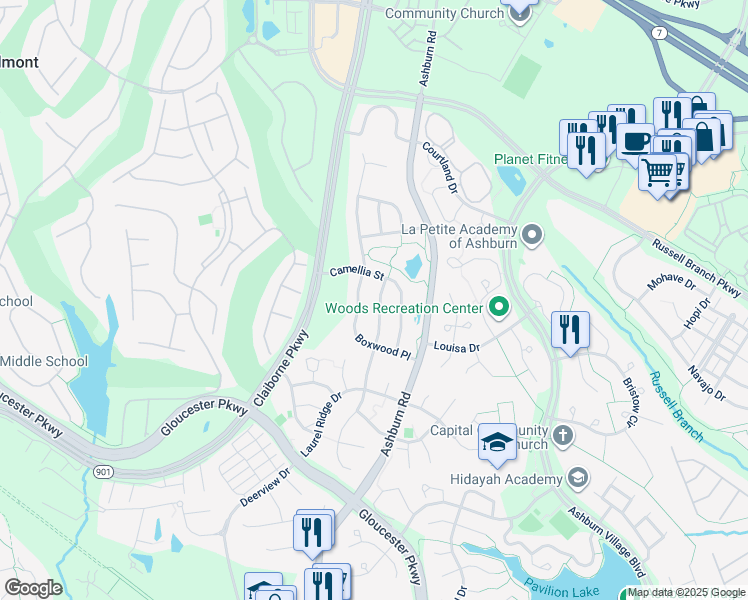 map of restaurants, bars, coffee shops, grocery stores, and more near 20223 Millstead Drive in Ashburn