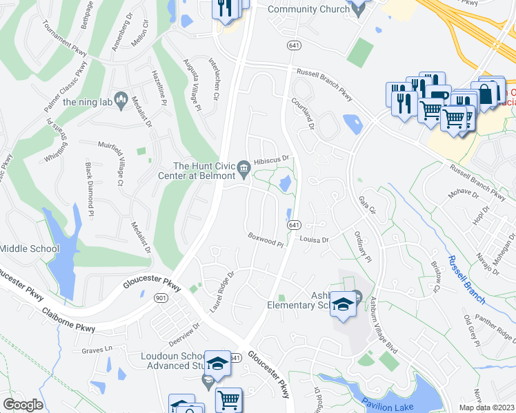 map of restaurants, bars, coffee shops, grocery stores, and more near 20223 Millstead Drive in Ashburn