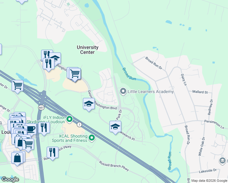 map of restaurants, bars, coffee shops, grocery stores, and more near 20190 Foothill Terrace in Ashburn