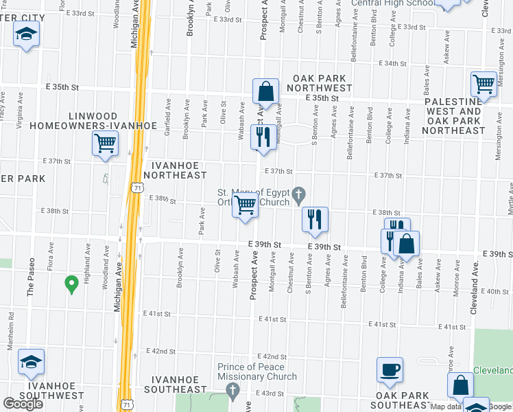 map of restaurants, bars, coffee shops, grocery stores, and more near 3801 Prospect Avenue in Kansas City