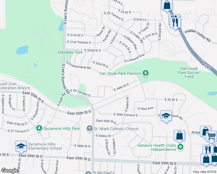 map of restaurants, bars, coffee shops, grocery stores, and more near 16317 East 34 Street South in Independence