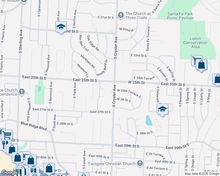map of restaurants, bars, coffee shops, grocery stores, and more near 3510 South Crysler Avenue in Independence