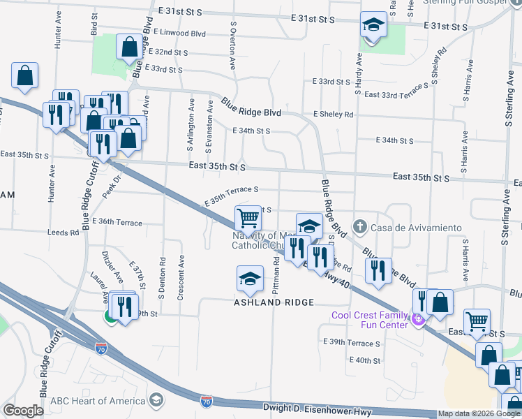map of restaurants, bars, coffee shops, grocery stores, and more near 9900 East US Highway 40 in Independence