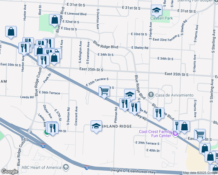 map of restaurants, bars, coffee shops, grocery stores, and more near 9900 East US Highway 40 in Independence
