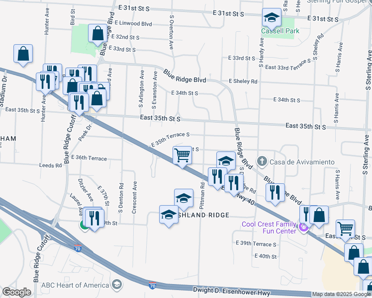 map of restaurants, bars, coffee shops, grocery stores, and more near 9900 East US Highway 40 in Independence
