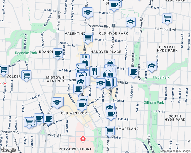 map of restaurants, bars, coffee shops, grocery stores, and more near 3838 Wyandotte Street in Kansas City
