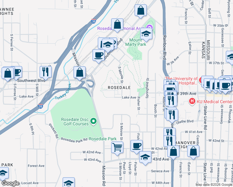 map of restaurants, bars, coffee shops, grocery stores, and more near 2900 Lake Avenue in Kansas City
