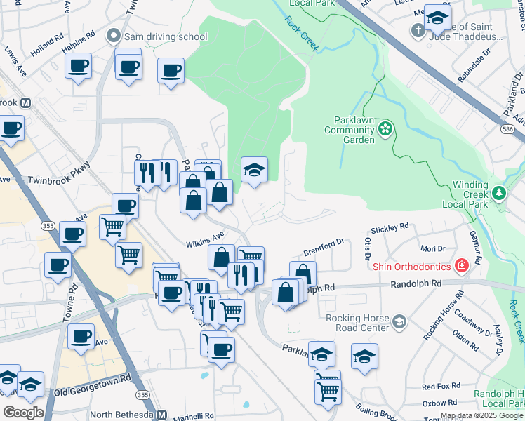 map of restaurants, bars, coffee shops, grocery stores, and more near 12203 Academy Way in North Bethesda