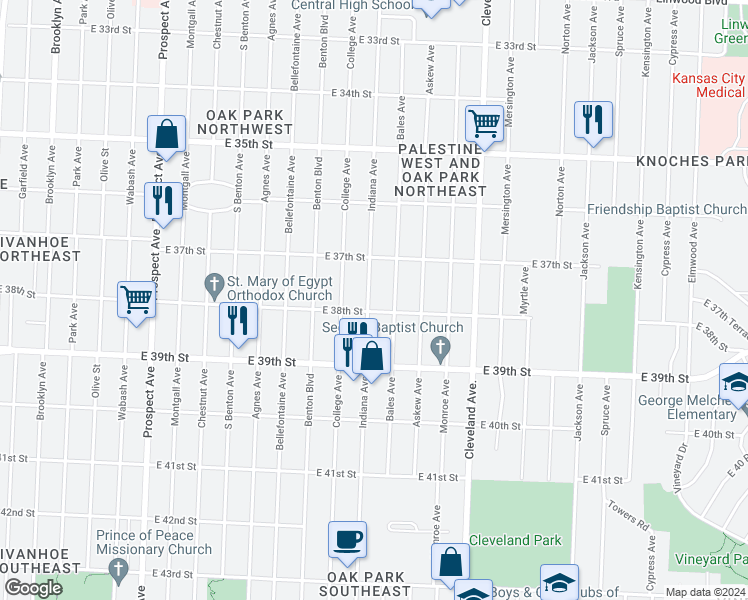 map of restaurants, bars, coffee shops, grocery stores, and more near 3739 Indiana Avenue in Kansas City