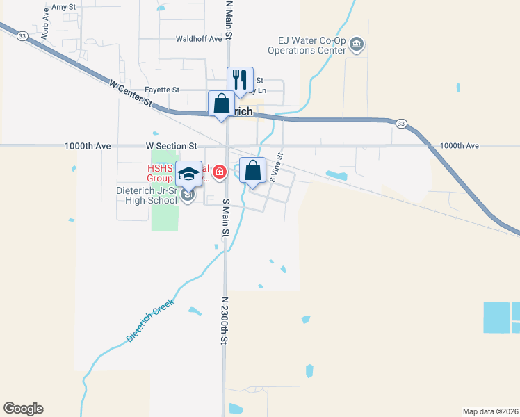 map of restaurants, bars, coffee shops, grocery stores, and more near 110 East Church Street in Dieterich