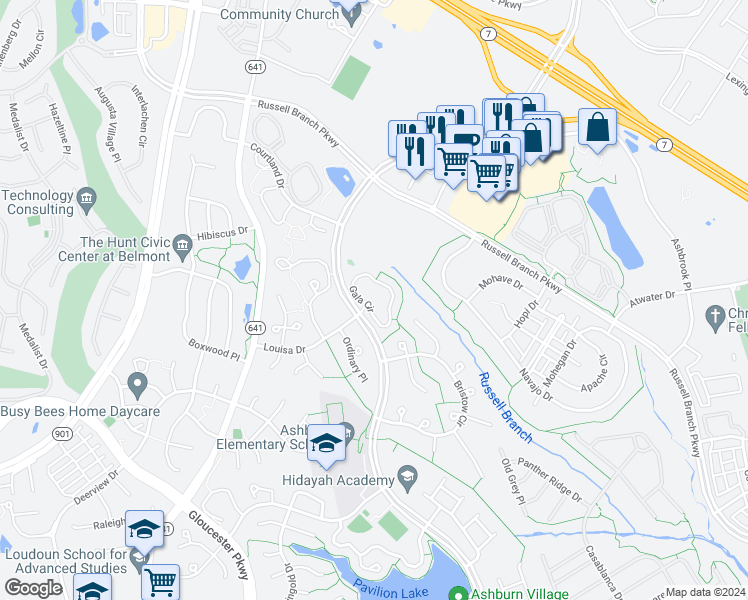 map of restaurants, bars, coffee shops, grocery stores, and more near 44001 Gala Circle in Ashburn