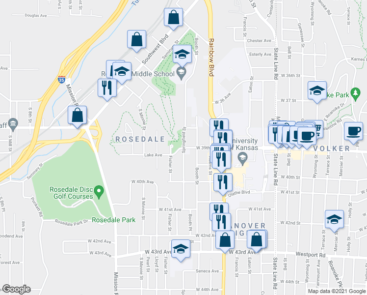 map of restaurants, bars, coffee shops, grocery stores, and more near West 39th Avenue & Springfield Street in Kansas City