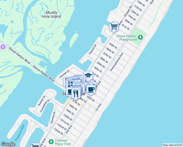 map of restaurants, bars, coffee shops, grocery stores, and more near 223 91st Street in Stone Harbor