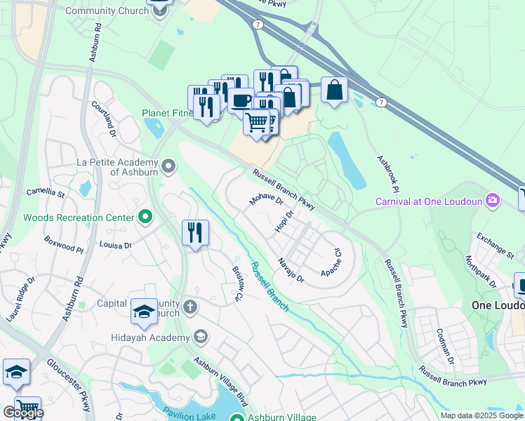 map of restaurants, bars, coffee shops, grocery stores, and more near 20203 Aztec Court in Ashburn