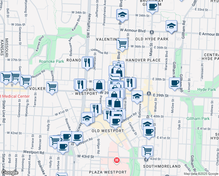 map of restaurants, bars, coffee shops, grocery stores, and more near 3838 Broadway Boulevard in Kansas City