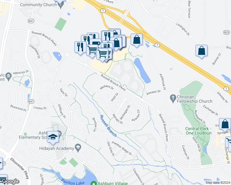 map of restaurants, bars, coffee shops, grocery stores, and more near 44247 Mohave Drive in Ashburn