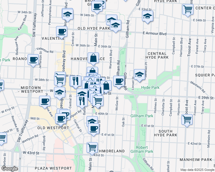 map of restaurants, bars, coffee shops, grocery stores, and more near 3824 Warwick Boulevard in Kansas City