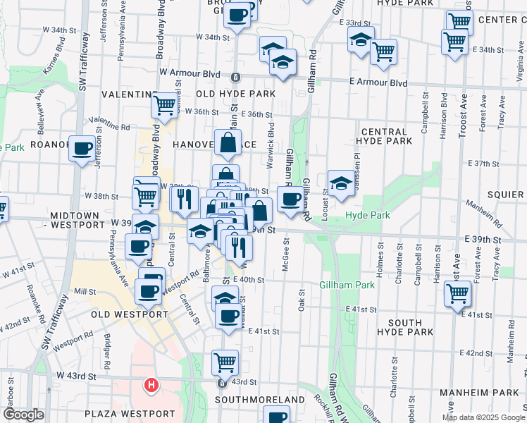 map of restaurants, bars, coffee shops, grocery stores, and more near 3830 Warwick Boulevard in Kansas City