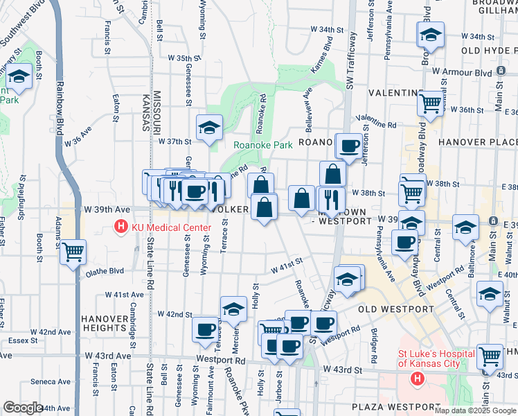map of restaurants, bars, coffee shops, grocery stores, and more near 1204 West 39th Street in Kansas City