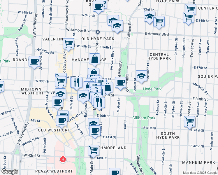 map of restaurants, bars, coffee shops, grocery stores, and more near 3824 Warwick Boulevard in Kansas City