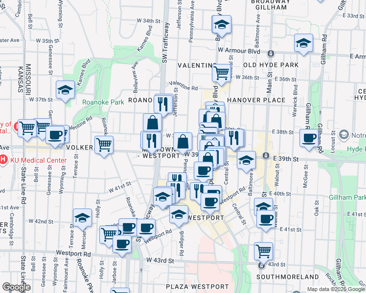 map of restaurants, bars, coffee shops, grocery stores, and more near 3816 Pennsylvania Avenue in Kansas City